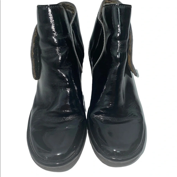 Fly London Yoss Shiny Black Ankle Wedge Booties Size 5.5 - Picture 1 of 11